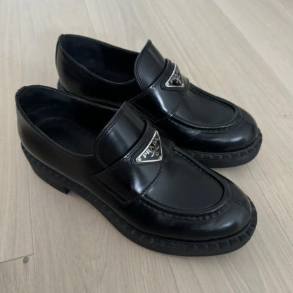 PRADA Chocolate Brushed Leather Loafer Black Size 38 - Picture 2 of 5